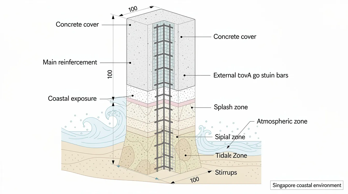 Eurocodes Adapted for Singapore: How Singapore National Annexes Shape Structural Design The image depicts a cross-section of a coastal column in Singapore, illustrating the concrete cover layers and the position of reinforcement bars, while highlighting the exposure environment. This representation is crucial for understanding structural design in civil engineering works, particularly in compliance with Singapore national annexes and Eurocodes adapted for local conditions.