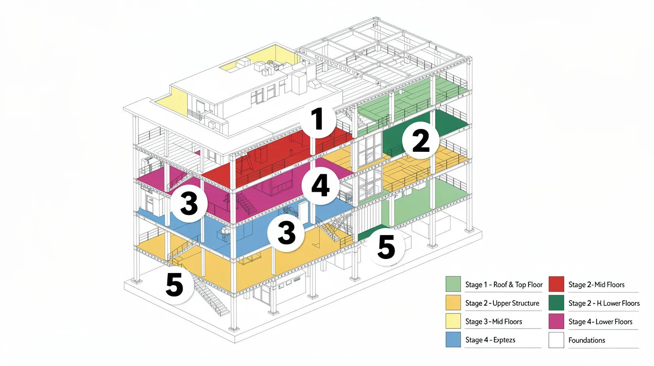 Structural Demolition Design Safety Plans: Sequence, Party Walls & Temporary Works PE Endorsements The image depicts a three-dimensional cutaway of a building, illustrating various colour-coded demolition zones, each marked with numbered stages for the removal process. This detailed visualization emphasizes the importance of careful planning and safety in the demolition process, ensuring compliance with demolition plans and protecting workers on the construction site.