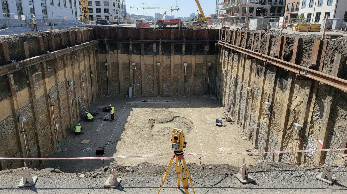 Specialist PE Geo vs PE Civil: When Does Your Project Require Both? The image depicts a construction site featuring a deep excavation that reveals exposed soil layers, along with sheet piles and various monitoring instruments used for geotechnical analysis. This site showcases essential elements of civil engineering and structural design, emphasizing the importance of competent supervision and adherence to regulatory requirements for ensuring public safety and structural integrity.