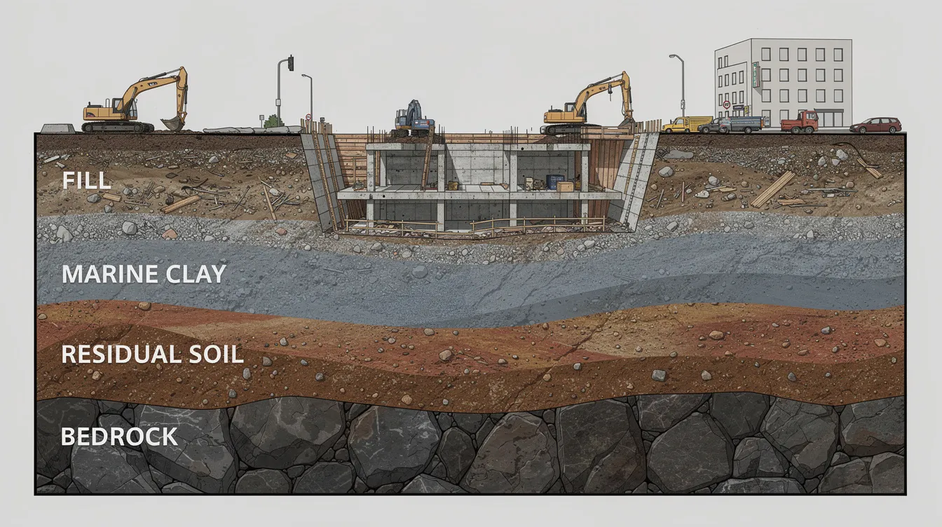 Earth Retaining & Stabilising Structures (ERSS) in Deep Excavations: Managing Geotechnical Risk in Singapore The image depicts a geological cross-section illustrating various layers beneath an urban excavation site, including fill, marine clay, residual soil, and bedrock. This representation highlights the complexities involved in deep excavation projects and the importance of earth retaining structures for managing geotechnical risks.