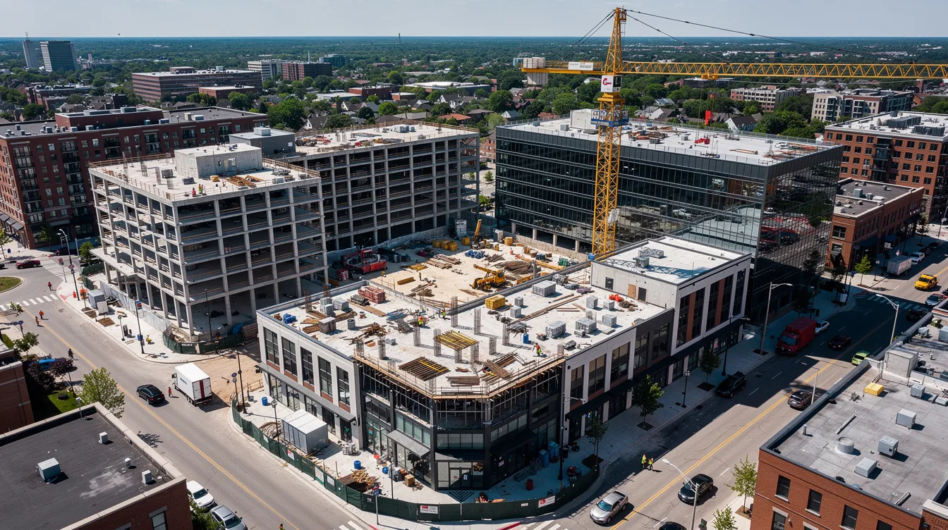 Single Discipline vs Multi Disciplinary Consultancies Which Model Fits Your Development? An aerial view of a mixed-use development under construction showcases various building types, including residential and commercial structures, alongside a towering crane. This scene reflects the collaborative efforts of multidisciplinary teams integrating specialized knowledge from different disciplines to advance the development process.