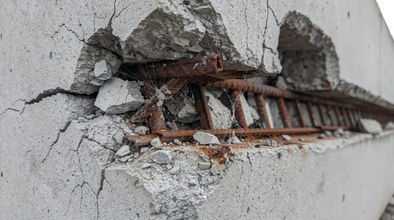 Periodic Structural Inspections (PSI) for Buildings in Singapore: Scope, Requirements & What PEs Look For The image shows a close-up view of concrete spalling on a building beam, revealing corroded steel reinforcement beneath the surface. This condition highlights potential structural defects that could pose safety risks, underscoring the importance of periodic structural inspections (PSI) for maintaining the integrity of non-residential buildings.