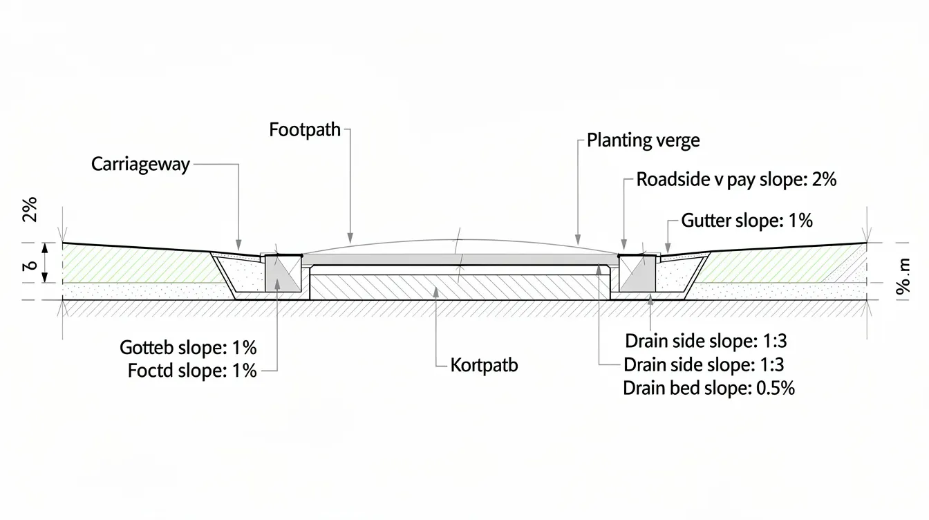 Drainage Design for Master Developments in Singapore: Integrating ABC Waters and PUB Requirements The image depicts a cross-section schematic of a road corridor, illustrating various components such as the carriageway, footpath, planting verge, and roadside open drain, complete with annotated minimum slopes. This diagram highlights the drainage systems and infrastructure essential for managing stormwater and ensuring adequate drainage in urban areas.