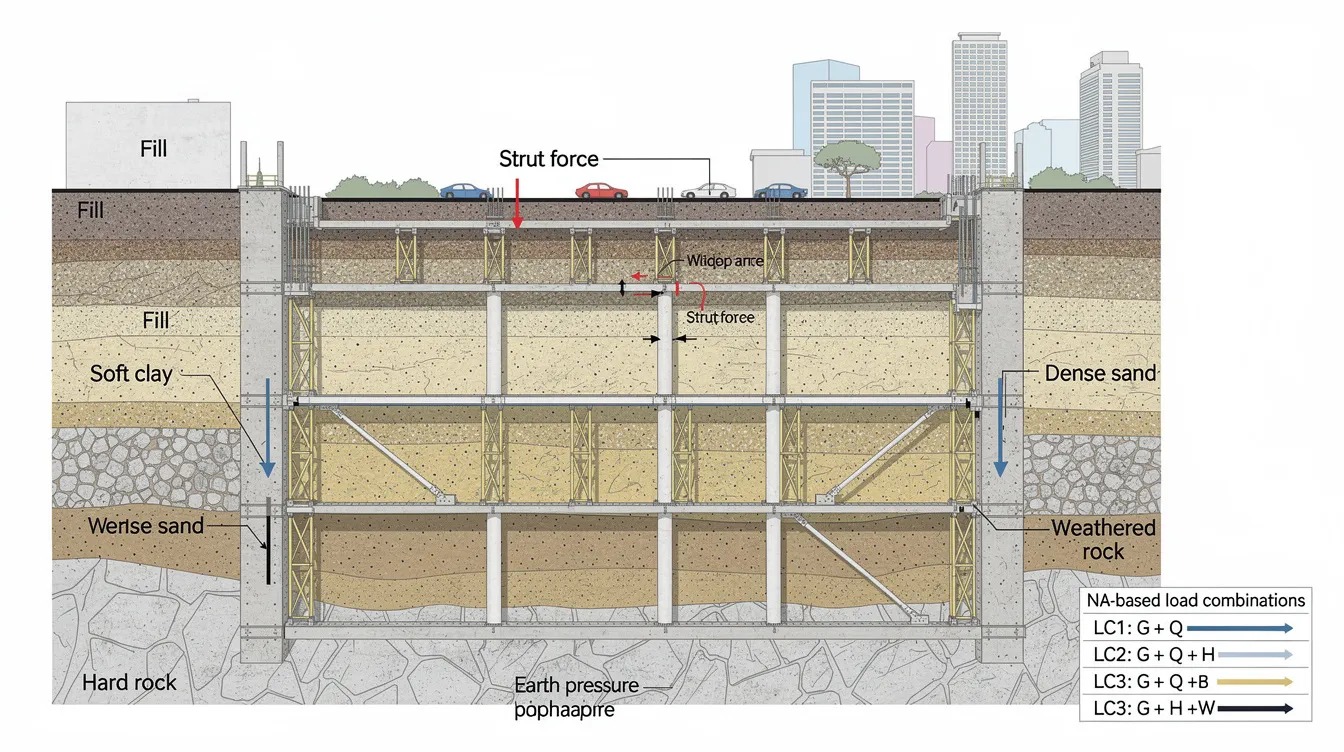 Eurocodes Adapted for Singapore: How Singapore National Annexes Shape Structural Design The image depicts a cross-section of a multi-level basement in downtown Singapore, illustrating various geotechnical aspects such as soil strata, a diaphragm wall, and struts, along with NA-based load combinations. This structural design example highlights the integration of Singapore national annexes and eurocodes standards in civil engineering works, emphasizing the importance of compliance in the construction industry.