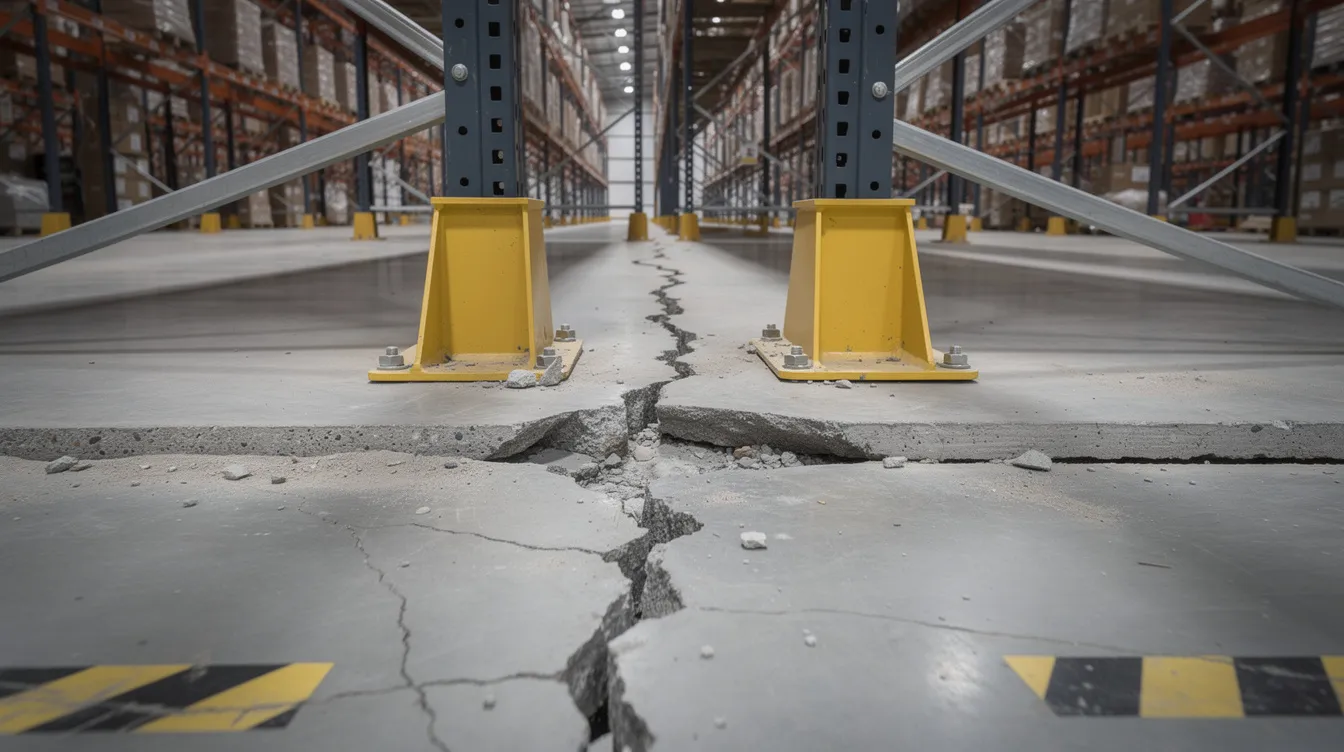 Periodic Structural Inspections (PSI) for Buildings in Singapore: Scope, Requirements & What PEs Look For The image depicts a cracked concrete floor slab in an industrial warehouse, showing visible deflection near heavy racking, highlighting potential structural defects that may require a periodic structural inspection (PSI). This condition could pose safety risks and necessitate an assessment by a registered professional engineer to ensure compliance with the Building Control Act and the standards set by the Building and Construction Authority.