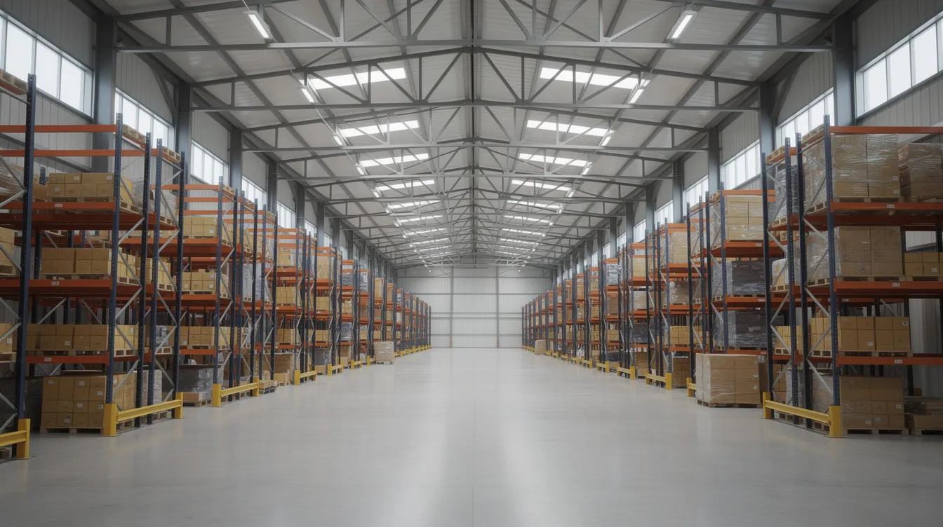 Structural Engineering for Industrial and Logistics Facilities High Load Slabs Heavy Equipment Frames The image depicts a spacious industrial warehouse featuring a high ceiling supported by steel portal frames, a concrete floor, and organized rows of pallet racking systems. This design emphasizes structural integrity and efficient load distribution, making it suitable for heavy equipment and material handling in industrial environments.