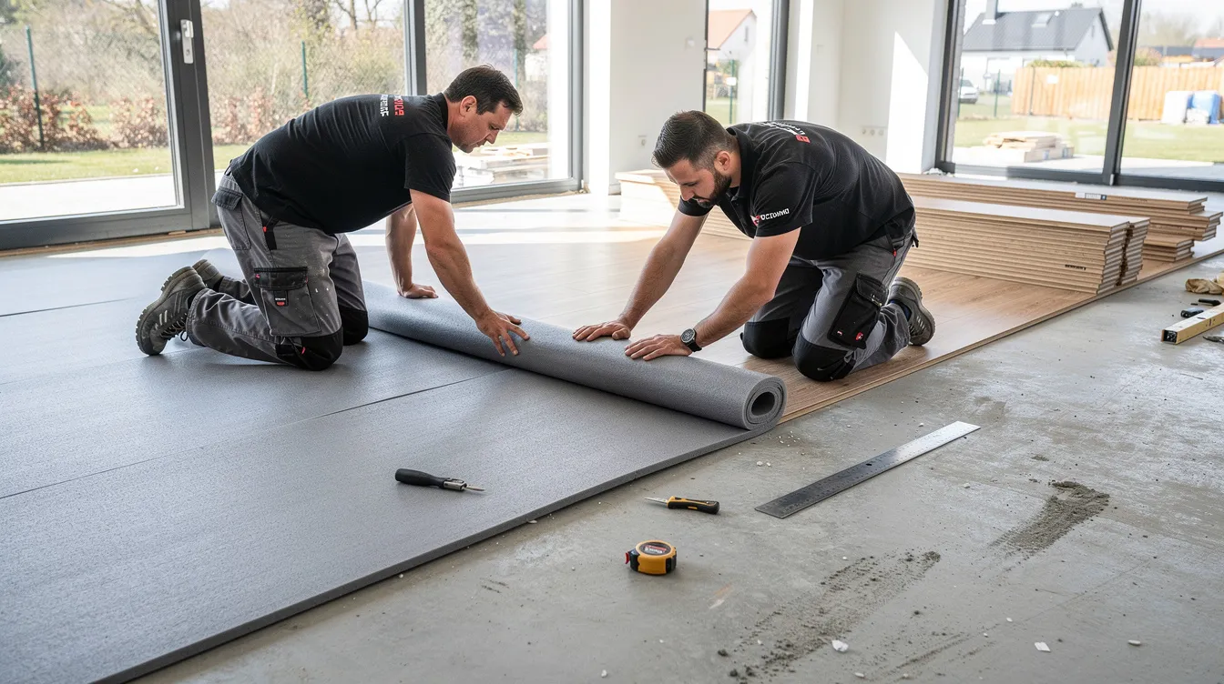 Engineered Wood Floor: Technical Guide for Singapore Homes and Commercial Projects The image shows installers laying acoustic underlay on a prepared concrete screed, creating a moisture barrier to enhance the durability of the upcoming engineered wood flooring installation. The underlay will provide sound insulation and support for the layered structure of the engineered wood, ensuring long-term performance in residential and commercial settings.