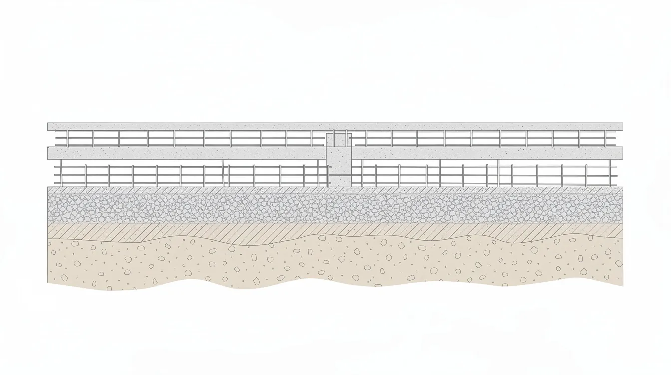 Structural Engineering for Industrial and Logistics Facilities High Load Slabs Heavy Equipment Frames The image depicts a cross-section diagram of a thick concrete floor slab, illustrating various reinforcement layers, a granular subbase, and the underlying soil. This detailed representation highlights the structural elements essential for maintaining structural integrity and efficient load distribution in industrial buildings, particularly under dynamic loads from heavy equipment and material handling systems.