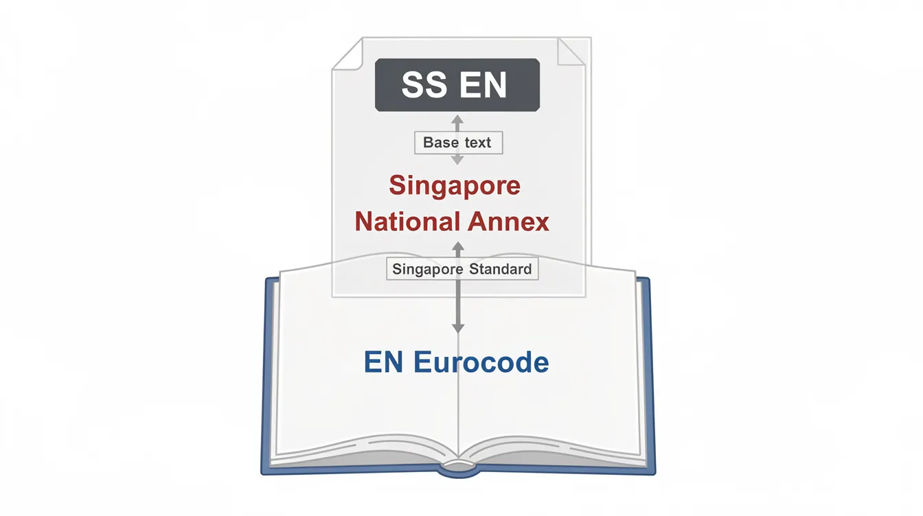 Eurocodes Adapted for Singapore: How Singapore National Annexes Shape Structural Design The image depicts a layered diagram illustrating the Eurocode base text with an overlay of the Singapore National Annex, highlighting how these standards shape structural design in Singapore. It emphasizes the integration of various civil engineering aspects, including concrete and steel structures, and their compliance with SS EN standards.