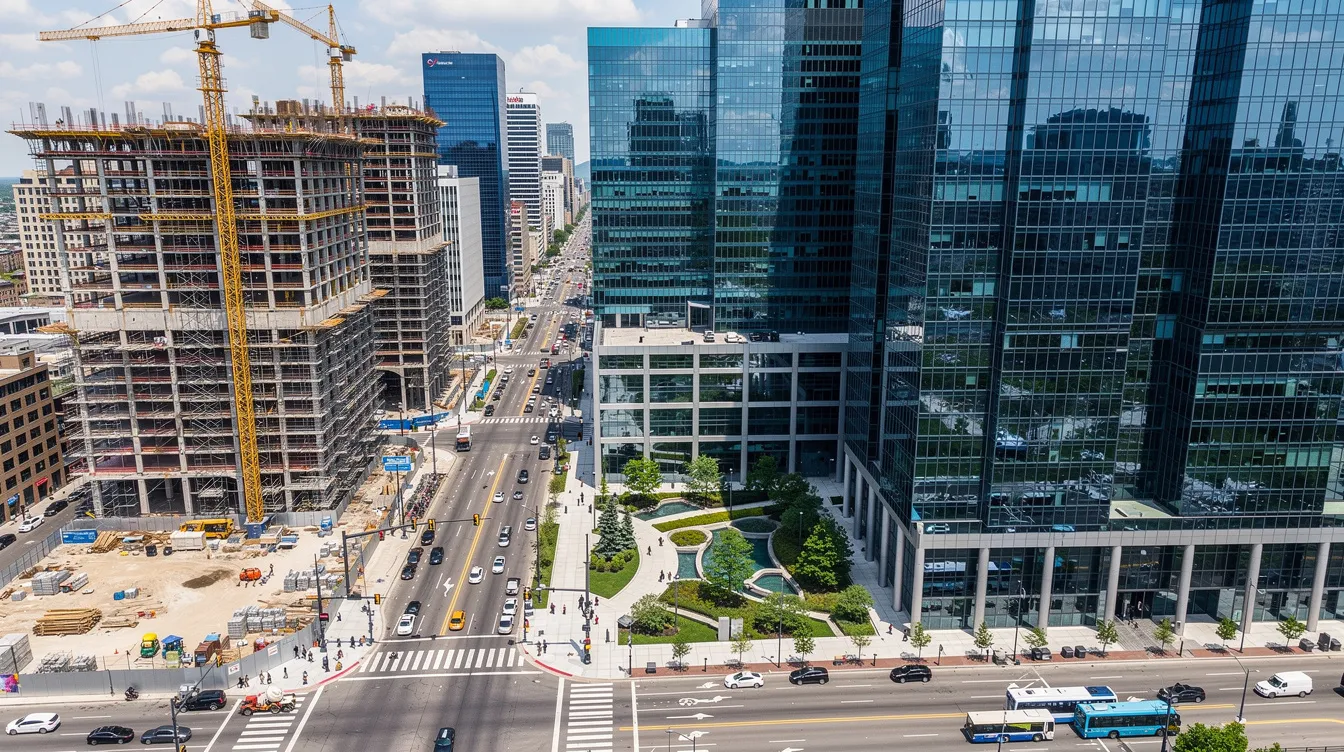 Navigating BCA's Buildability and Productivity Mandates for Commercial Projects An aerial view showcases a modern commercial district featuring both glass office towers under construction and completed buildings, highlighting the dynamic nature of urban development. This scene reflects the ongoing efforts in building and construction authority regulations and the integration of efficient construction methods to enhance productivity in new building projects.
