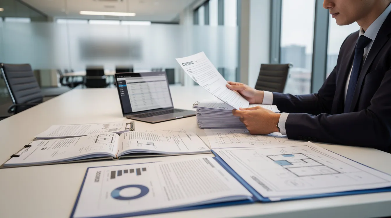 Qualified Persons (QP) vs Professional Engineers (PE) Roles in Singapore: What Commercial Building Owners Must Know A professional engineer is seated at a meeting table, reviewing compliance documents and project plans, ensuring adherence to statutory liability policies and safety laws. The scene reflects the responsibilities of qualified persons in managing potential liabilities and formal declarations within the context of their statutory roles.