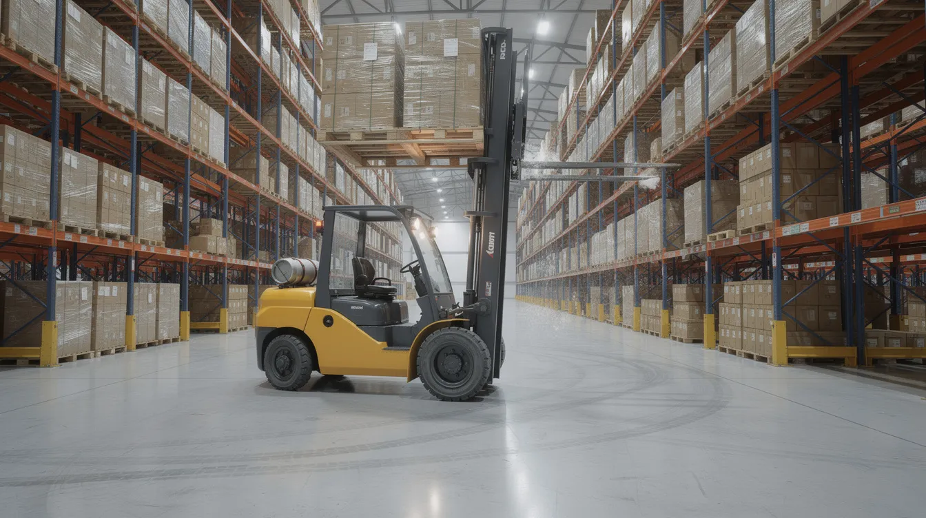 Structural Engineering for Industrial and Logistics Facilities High Load Slabs Heavy Equipment Frames A heavy forklift is operating inside a high-bay warehouse, surrounded by tall steel racking systems and a smooth concrete floor, showcasing the structural integrity and efficiency of the industrial facility's design. The environment is optimized for material handling, demonstrating the capabilities of heavy equipment in managing high load capacities within the steel frame structure.