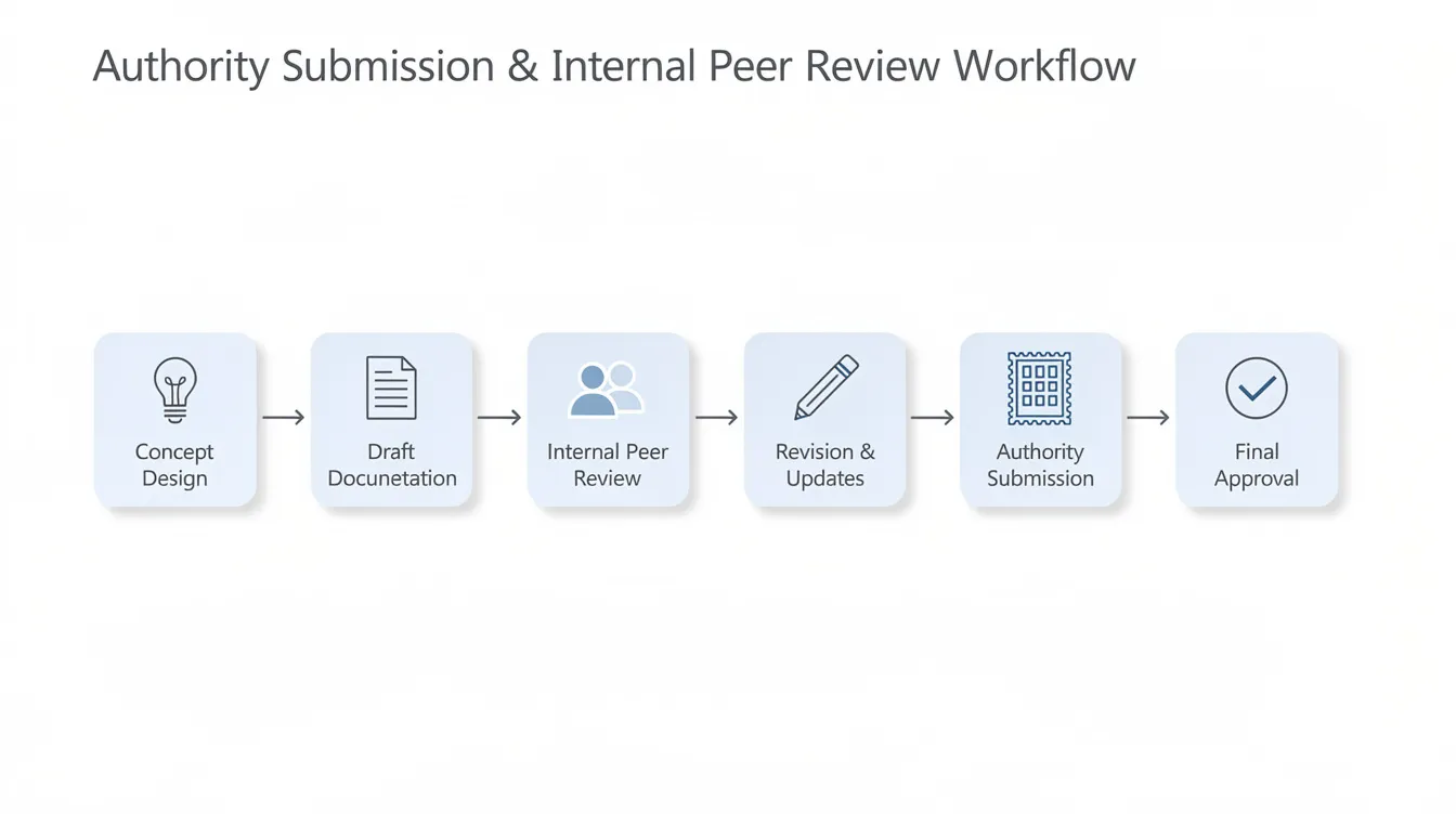 Common Pitfalls in Authority Plan Submissions – And How a Proactive C&S Consultant Avoids Them The image depicts a flow diagram illustrating the sequential steps of authority submission and internal peer review, starting from concept design and progressing through to the approval process. It highlights key elements such as project planning, compliance issues, and the importance of avoiding common pitfalls to ensure a successful submission in the construction project lifecycle.