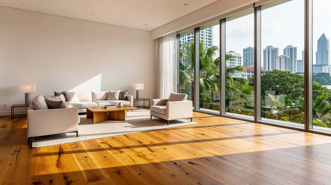 Engineered Wood Floor: Technical Guide for Singapore Homes and Commercial Projects The image features a warm engineered oak floor in a bright living room in Singapore, showcasing floor-to-ceiling windows that allow natural light to illuminate the space. The engineered wood flooring enhances the room's aesthetic appeal while providing durability suitable for Singapore's humid climate.